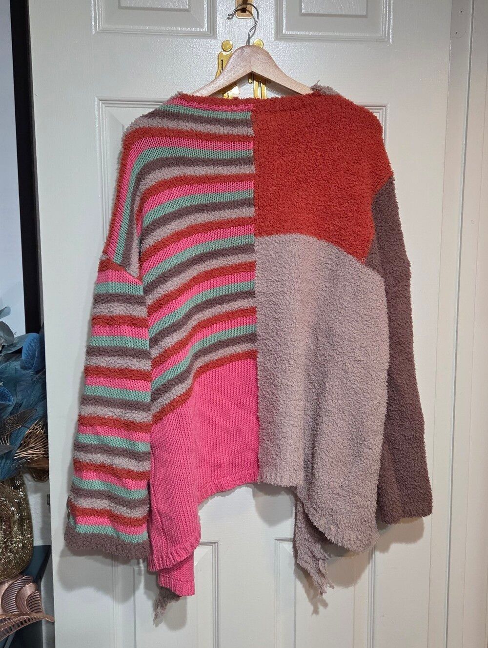 POL Colorblock & Stripe Oversized Cardigan Pink, Coral & Brown w/ Fringe Detail